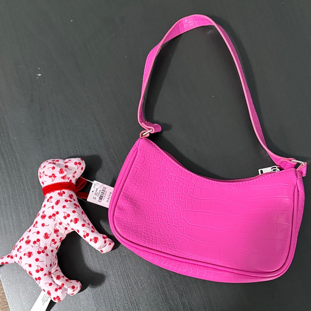 Hot Pink Croc-Embossed Shoulder Bag
